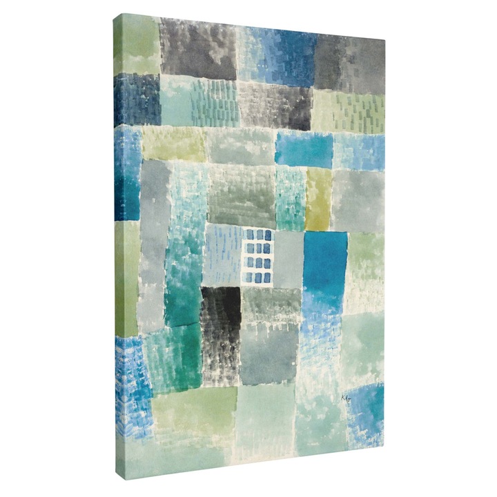 Tablou canvas, Intaglio, color, Abstract, First house in a settlement de Paul Klee, print pe panza Premium, pentru camera copii 70 cm 90 cm