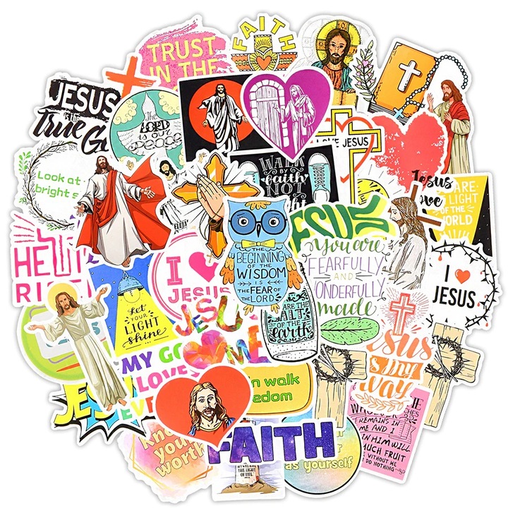 Set Stickere 50 bucati Waterproof Iisus, Jesus pentru skateboard, bicicleta, frigider, geamantan, moto