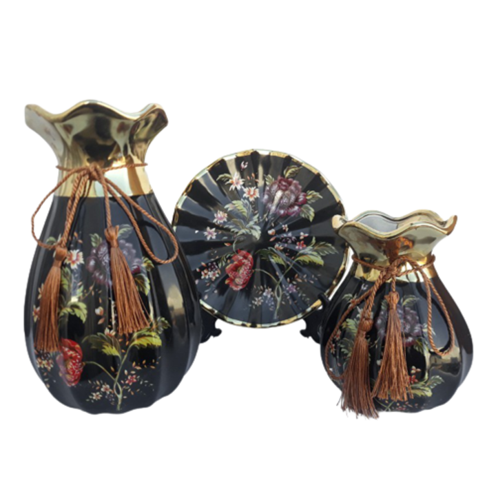 Set din ceramica format din 2 vaze cu snur si farfurie decorativa, 36X24 cm