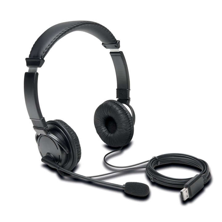 Casti Kensington call center K97601WW, microfon pe casca, noise-canceling, conectare prin USB 2.0, cablu 1.8m, Negru
