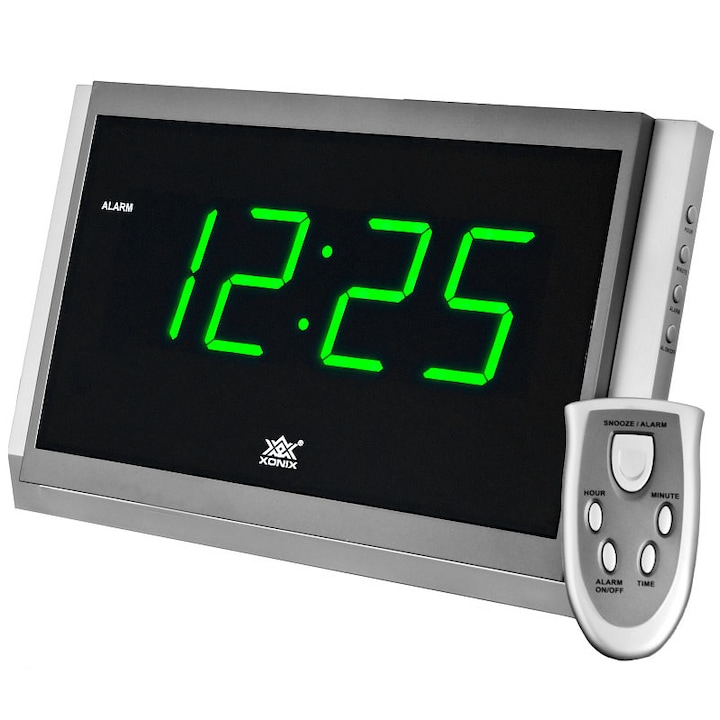 Ceas decorativ desteptator cu telecomanda, Xonix, PLastic, 32 cm, Argintiu/Verde