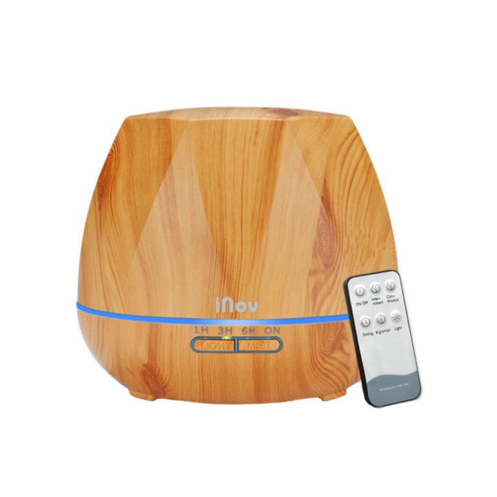 Difuzor aromaterapie si Umidificator ultrasonic iNOV Light Diamond, Silentios, LED 7 culori, Telecomanda, 550 ml, Stejar deschis