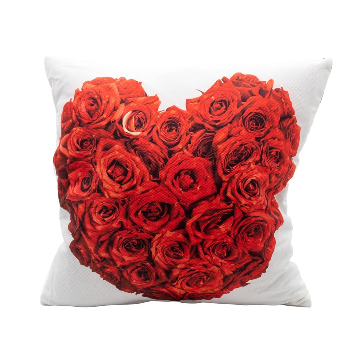 Perna decorativa 22, 43x43cm, husa detasabila, gramaj 200 g, burduf, poliester, model inima, culoare alb, trandafiri rosii
