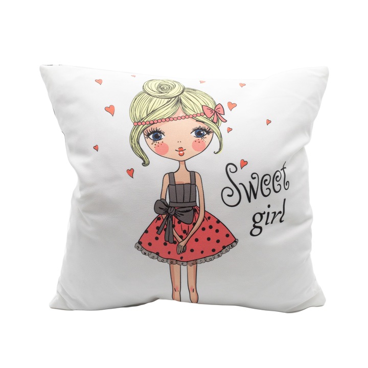 Perna decor copii 45, 43x43cm, husa detasabila, burduf, poliester, culoare alb, sweet girl