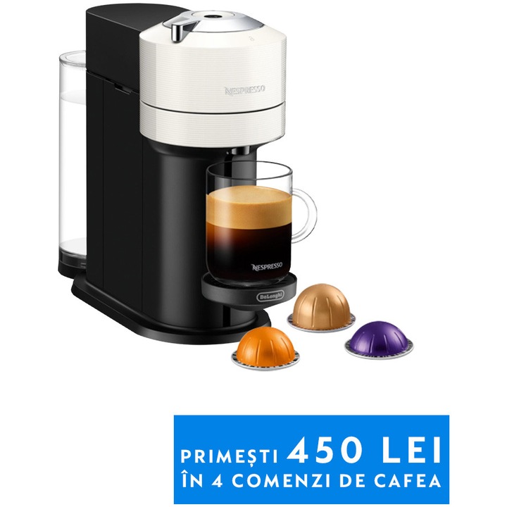 Espressor Nespresso by De’Longhi ENV120.W Vertuo Next, 1500W, Extractie prin centrifuzie, Conectare la telefon, alb, Set capsule degustare inclus
