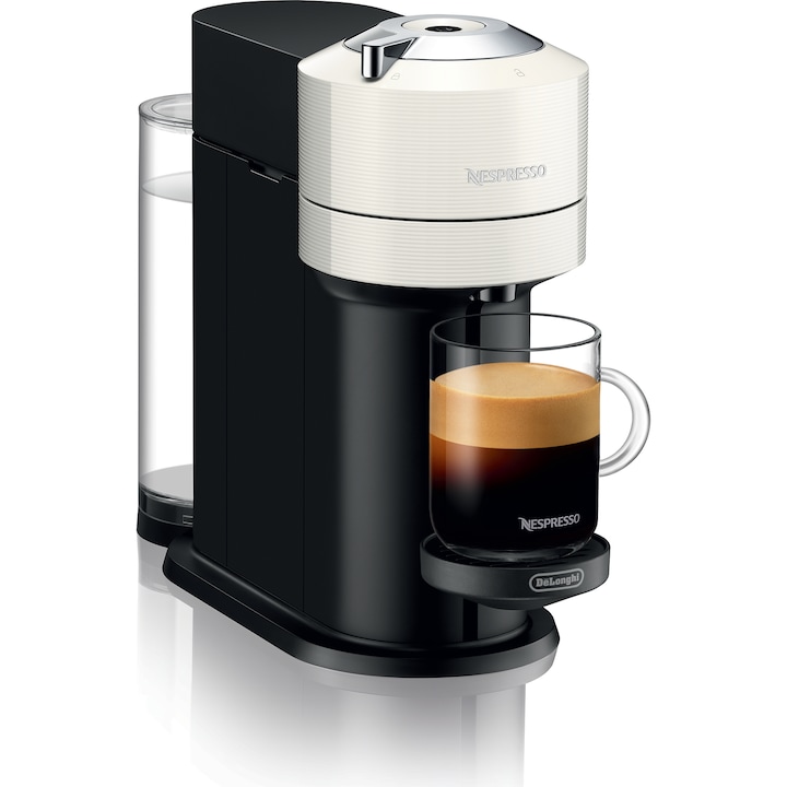 Кафемашина с капсули Nespresso by DeLonghi ENV120.W Vertuo Next , 1500W, Центробежно извличане, Връзка със смартфон, 1.1 л, Бял + 12 капсули подарък