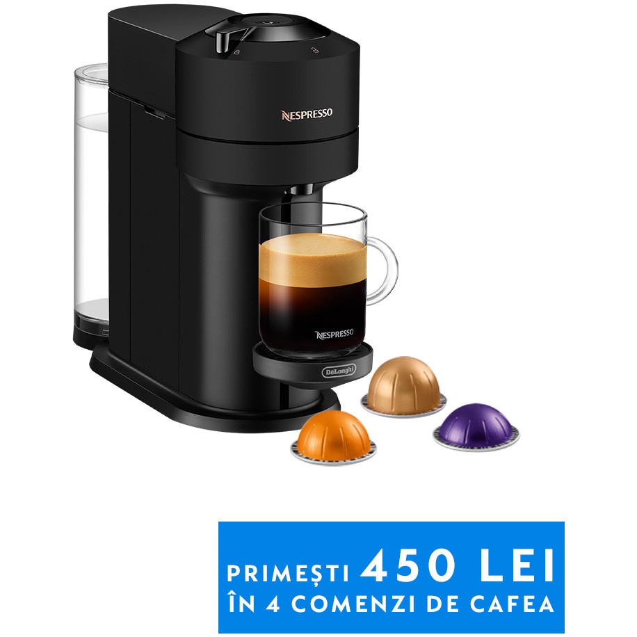 Espressor Nespresso by De’Longhi ENV120.BM Vertuo Next, 1500W, Extractie prin Centrifuzie, Conectare la telefon, Negru Mat , set capsule degustare inclus