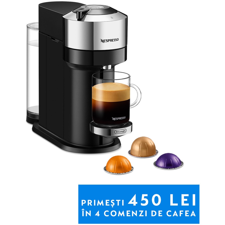 Espressor Nespresso by De’Longhi ENV120.C Vertuo Next Deluxe Chrome, 1500W, Extractie prin centrifuzie, conectare la telefon, crom argintiu, set capsule degustare inclus
