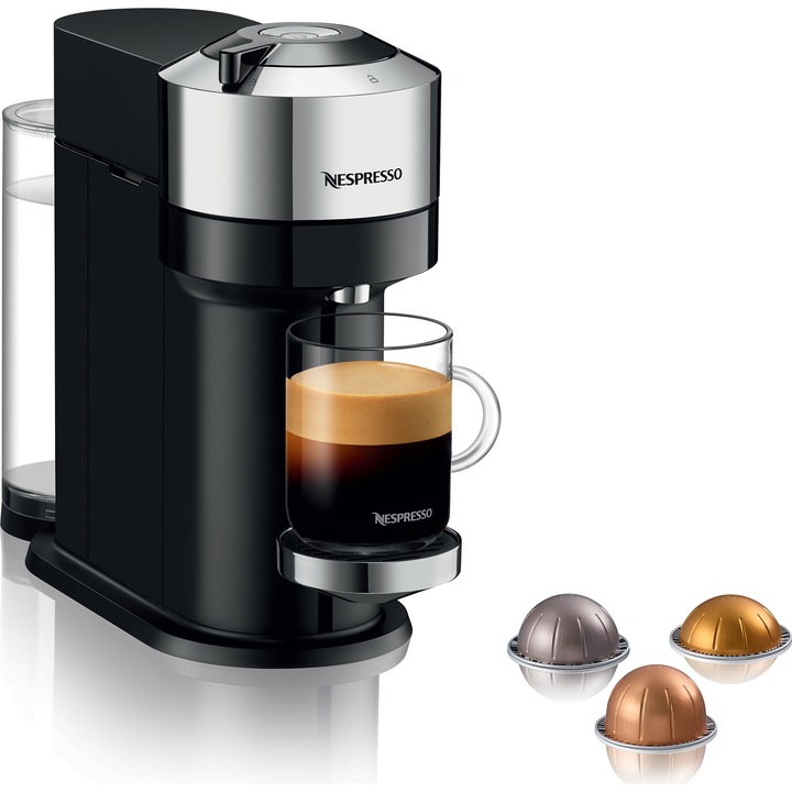 Кафемашина с капсули Nespresso by DeLonghi ENV120.C Vertuo Next Deluxe Chrome, 1500W, Центробежно извличане, Връзка със смартфон, 1.1 л, Хром + 12 капсули подарък