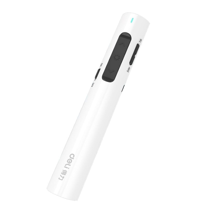 Vezeték nélküli műsorvezető piros lézerrel DELI-2801, 100 m, 2,4 Ghz, USB, 360 mAh, Win/Android/Mac-OS, fehér