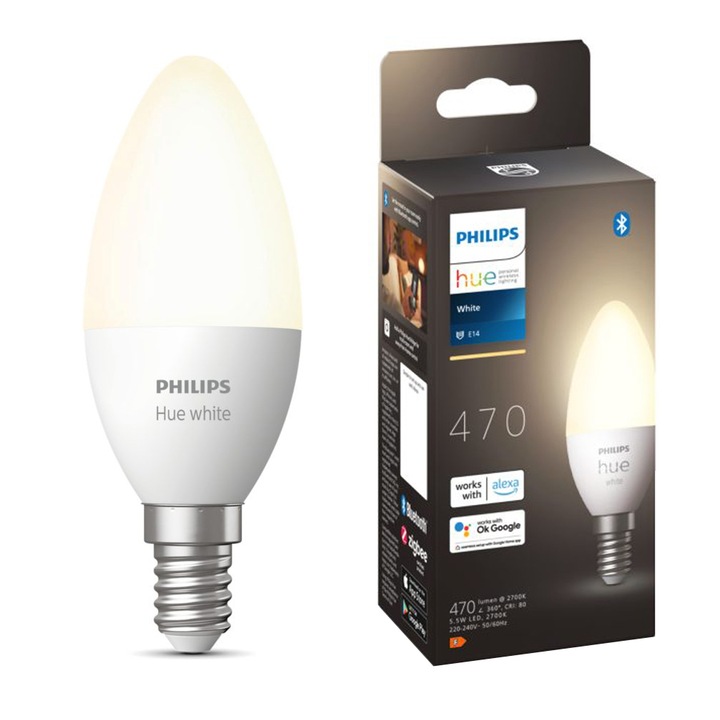 Philips Hue Smart LED izzó, Bluetooth, Zigbee, gyertya, E14, 5,5 W, 470 lm, meleg fehér fény (2700 K)