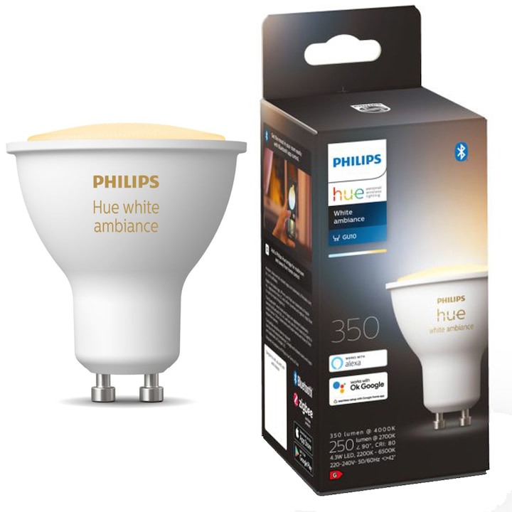 Bec LED inteligent Philips Hue, Bluetooth, Zigbee, GU10, 5W, 350 lm, lumina ambianta alba (2200-6500K), clasa energetica G