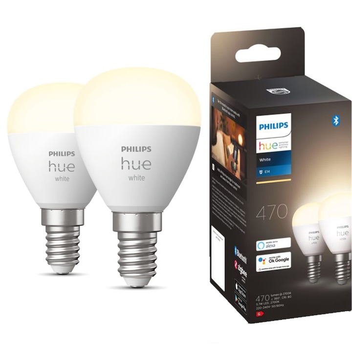 Pachet 2 becuri LED inteligente Philips Hue P45, Bluetooth, Zigbee, lustra, E14, 5.7W, 470 lm, lumina alba calda (2700K), clasa energetica G