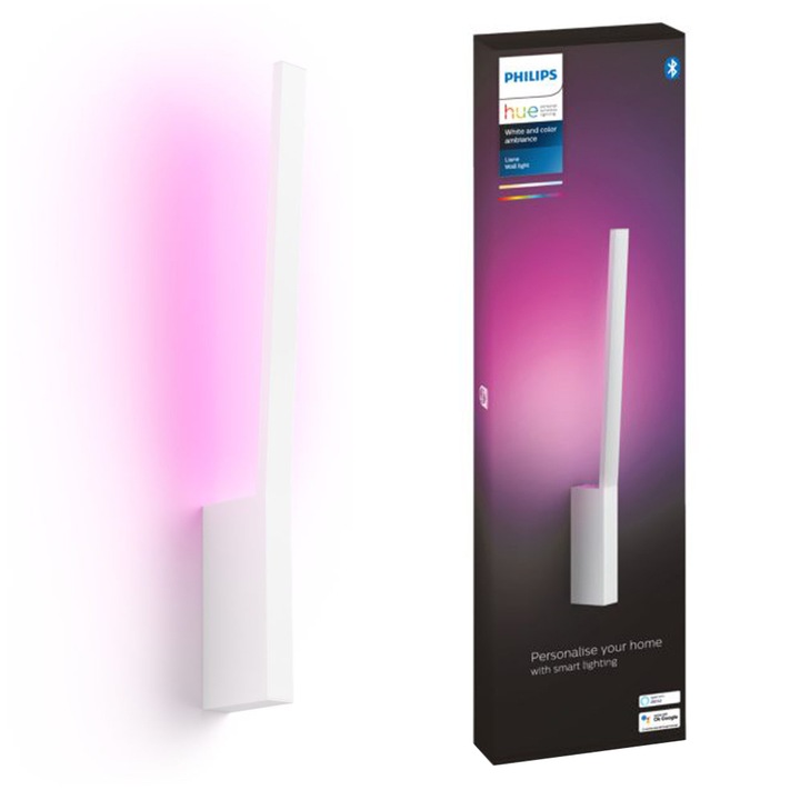 Аплик LED RGB Philips Hue, Bluetooth, 12.2W, 850 лумена, Бяла и цветна светлина (2000-6500K), 55.8 см, Бял, Енергиен клас G
