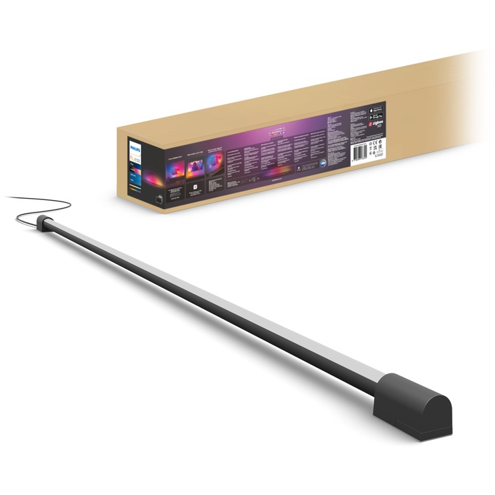 Tub LED RGB luminos Philips Hue Play Gradient compact, pentru TV 60", 1800 lm, lumina alba si colorata, 137.7cm, Aluminiu, Negru, clasa energetica G