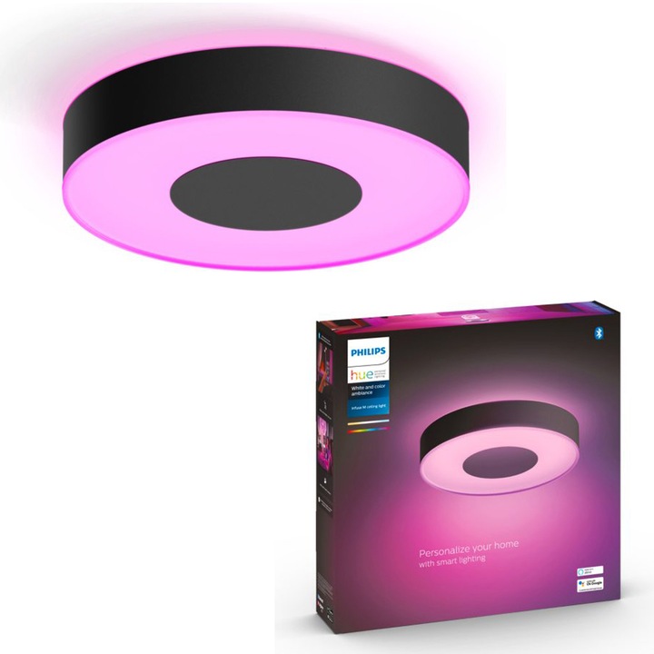 Плафониера LED RGB смарт Philips Hue Infuse, Bluetooth, 33.5W, 2350 лумена, Бяла и цветна светлина (2000-6500K), 38.1 см, Черен, Енергиен клас G
