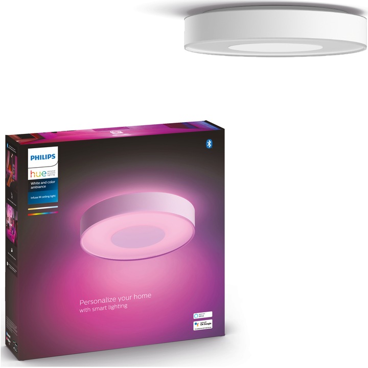 Plafoniera LED RGB inteligenta Philips Hue Infuse, Bluetooth, 33.5W, 2350 lm, lumina alba si colorata (2000-6500K), 38.1cm, Alb, clasa energetica G