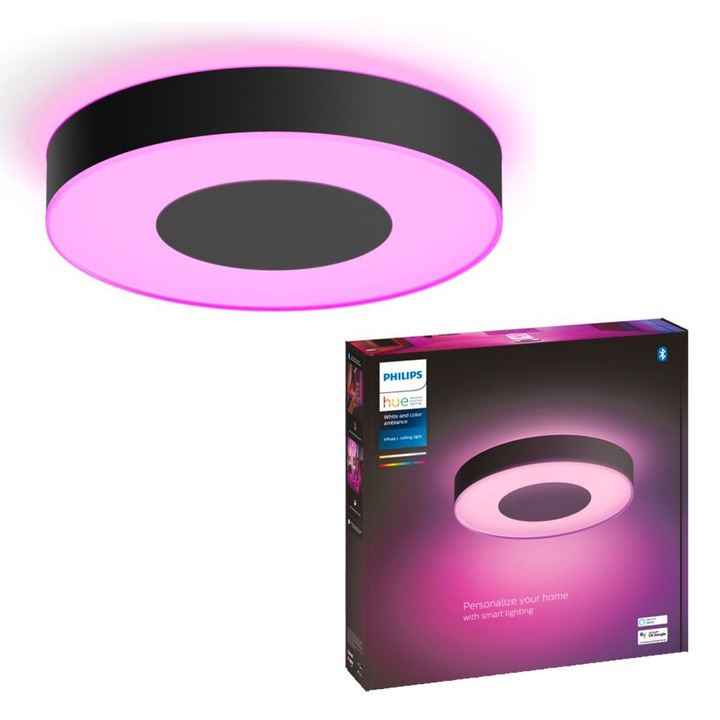 Плафониера LED RGB смарт Philips Hue Infuse, Bluetooth, 52.5W, 3700 лумена, Бяла и цветна светлина (2000-6500K), 42.5 см, Черен, Енергиен клас G