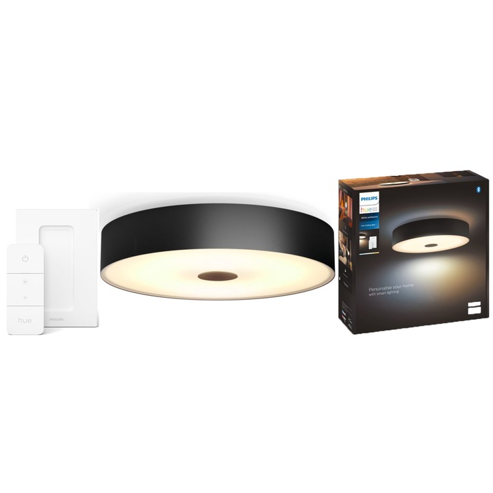 Plafoniera LED inteligenta Philips Hue Fair, Bluetooth, ZigBee Light Link, 25W, 2900 lm, lumina ambianta alba (2200-6500K), 44.4cm, Metal, Negru, Intrerupator cu variator inclus, clasa energetica F