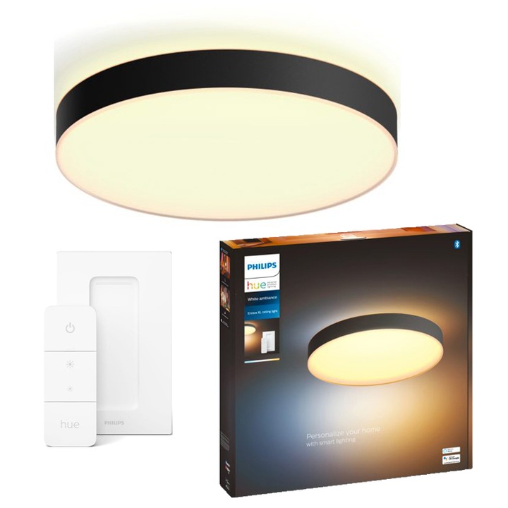 Plafoniera LED inteligenta Philips Hue Enrave, Bluetooth, 48W, 4750 lm, lumina ambianta alba (2200-6500K), 55.1cm, Negru, Intrerupator cu variator inclus, clasa energetica F