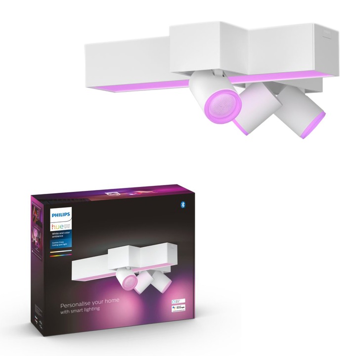 Plafoniera LED RGB inteligenta Philips Hue Centris, Bluetooth, ZigBee Light Link, cu 3 SpoturiGU10 incrucisate, 3x5.7W + LED integrat 25W, 2810 lm, lumina alba si colorata, Metal, Alb, clasa energetica G