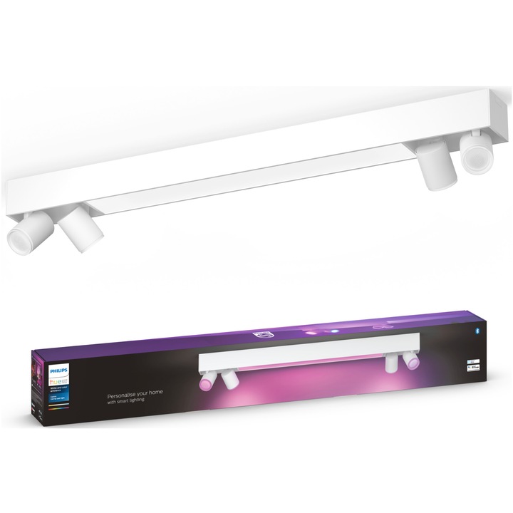 Plafoniera LED RGB inteligenta Philips Hue Centris, Bluetooth, ZigBee Light Link, cu 4 SpoturiGU10, 4x5.7W + LED integrat 40W, 4200 lm, lumina alba si colorata, Metal, Alb, clasa energetica G