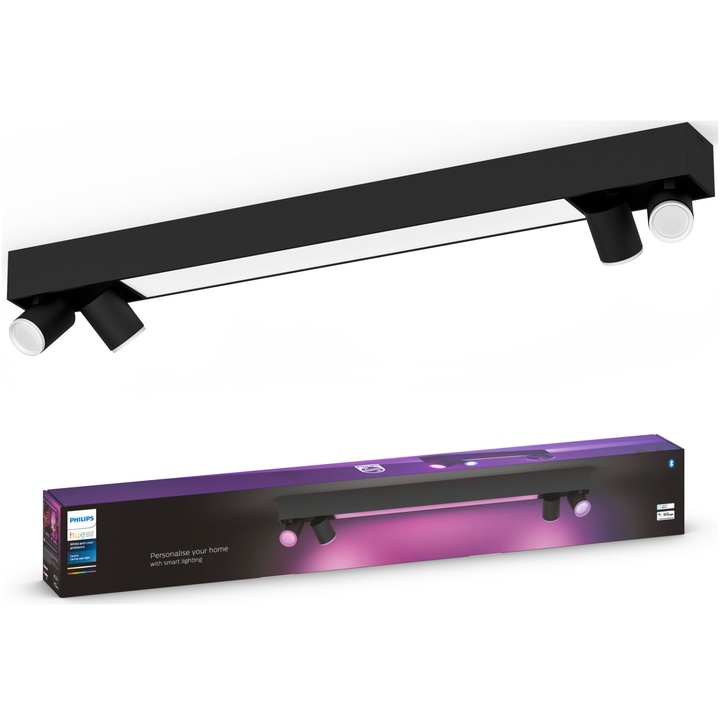 Plafoniera LED RGB inteligenta Philips Hue Centris, Bluetooth, ZigBee Light Link, cu 4 SpoturiGU10, 4x5.7W + LED integrat 40W, 4200 lm, lumina alba si colorata, Metal, Negru, clasa energetica G