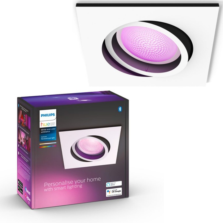 Spot luminos inteligent incastrat Philips Hue Centura, Bluetooth, GU10, 5.7W, 350 lm, lumina alba si colorata, Alb, clasa energetica G