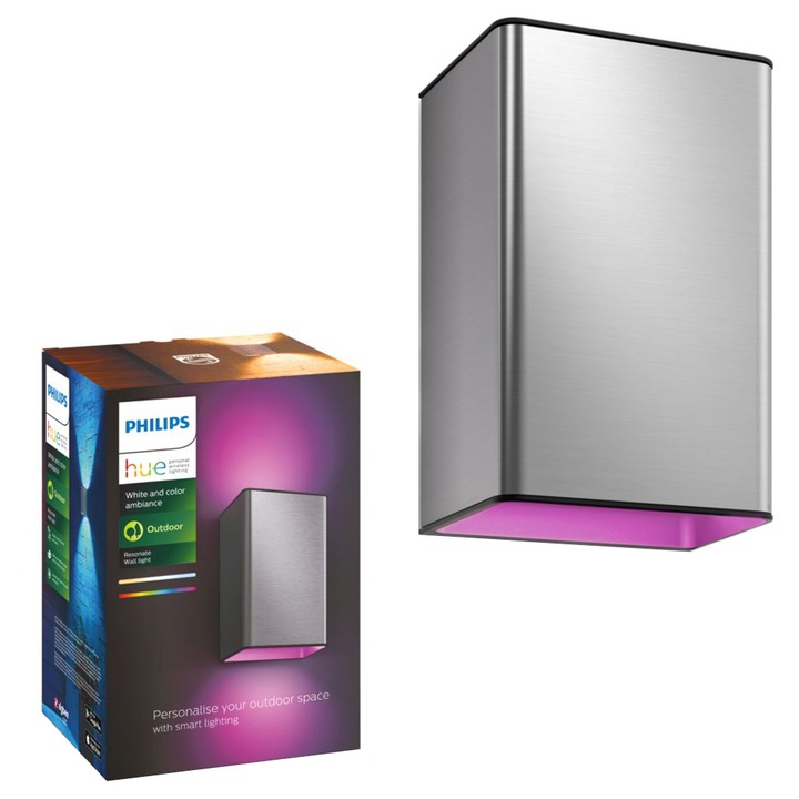 Външен LED аплик Philips Hue Resonate, 8W, Бяла и цветна светлина (2000-6500K), IP44, 18 см, Неръждаема стомана, Inox, Енергиен клас G