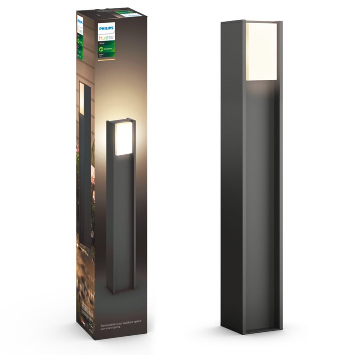 Stalp pentru exterior Philips Hue Turaco, E27, 9W, 806 lm, lumina alba calda (2700K), IP44, 80.2cm, Aluminiu, Antracit, clasa energetica F