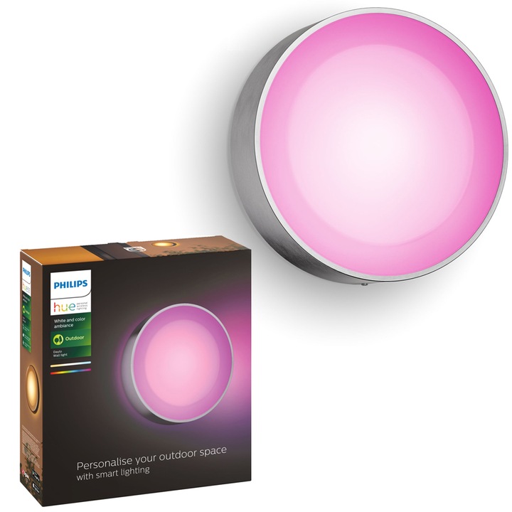 Aplica LED pentru exterior Philips Hue Daylo, 15W, lumina alba si colorata (2000-6500K), IP44, 22cm, Otel inoxidabil, Inox, clasa energetica G