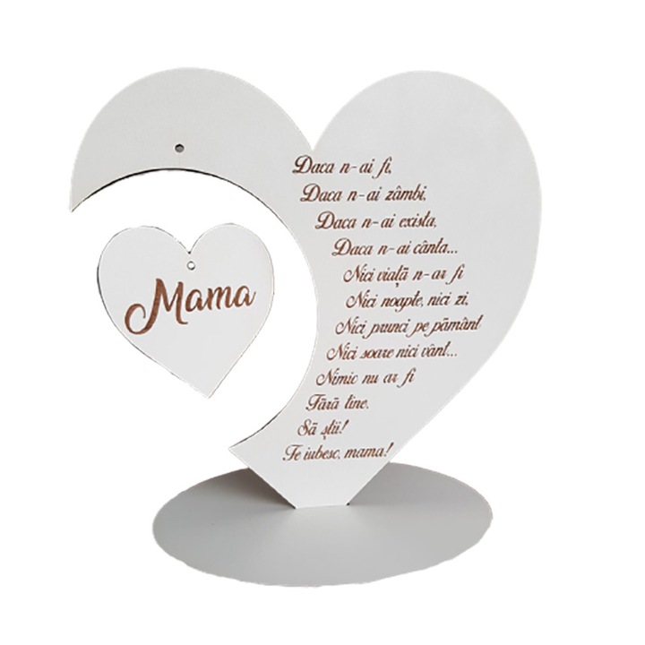 Ajándék anyának, szív lézergravírozott üzenettel, fehér fa, 20 cm, ArtemisGift