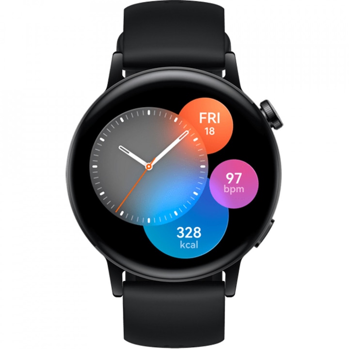 HUAWEI Smartwatch Watch GT3 42mm fekete rozsdamentes acél és fekete szilikon szíjjal