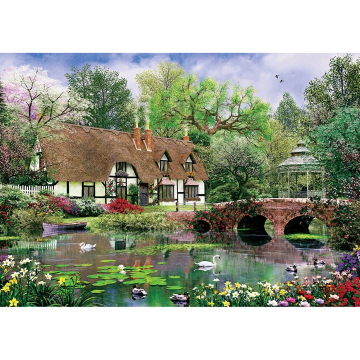 Art puzzle - Puzzle Dominic Davison: Lótuszvirágok - Ház a tónál - 1 000 darab