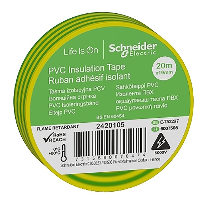 Изолирбанд Schneider IMT38205, PVC, 19 мм, 20 м, Жълт/Зелен