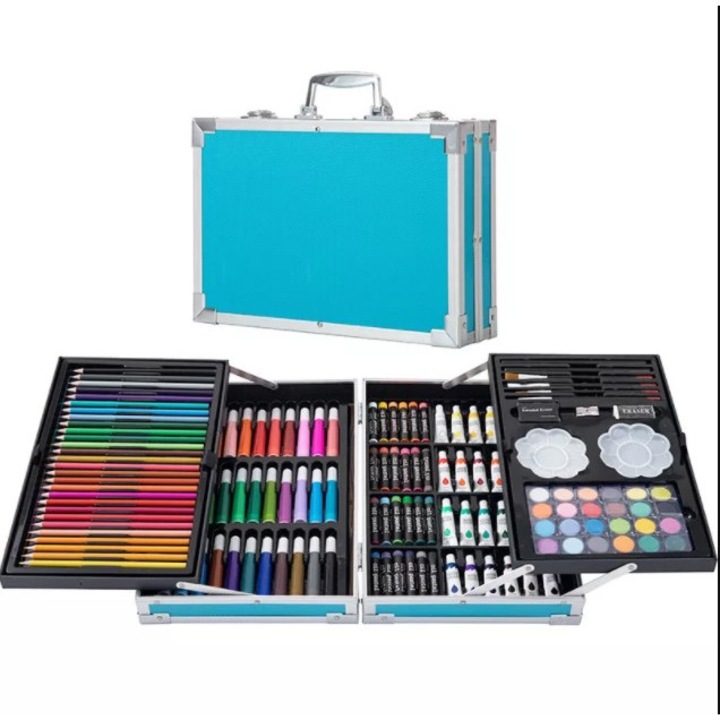 145 darabos készlet rajzoláshoz és festéshez, kék bőröndben, színes ceruzák, zsírkréták, vízfestékek