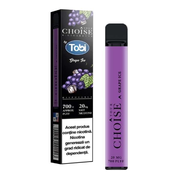 Tigara electronica de unica folosinta Choise by Tobi, 700+ pufuri, Grape Ice, 20mg/ml