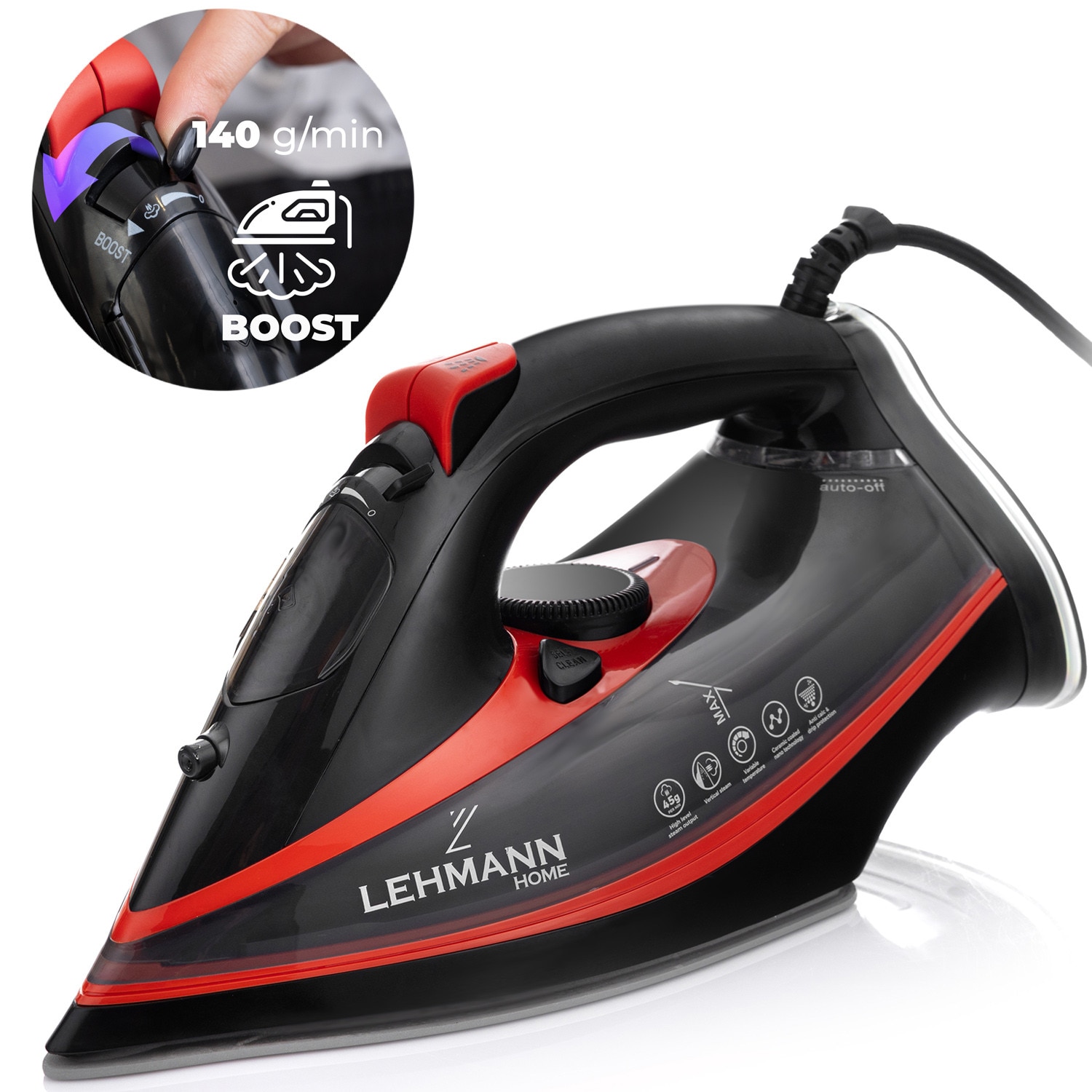 Fier de calcat Lehmann Strokkur, 2200 W, jet de abur 25-35g/min, Anti-Calc/Anti-Drip/Auto-shut off/Self-clean