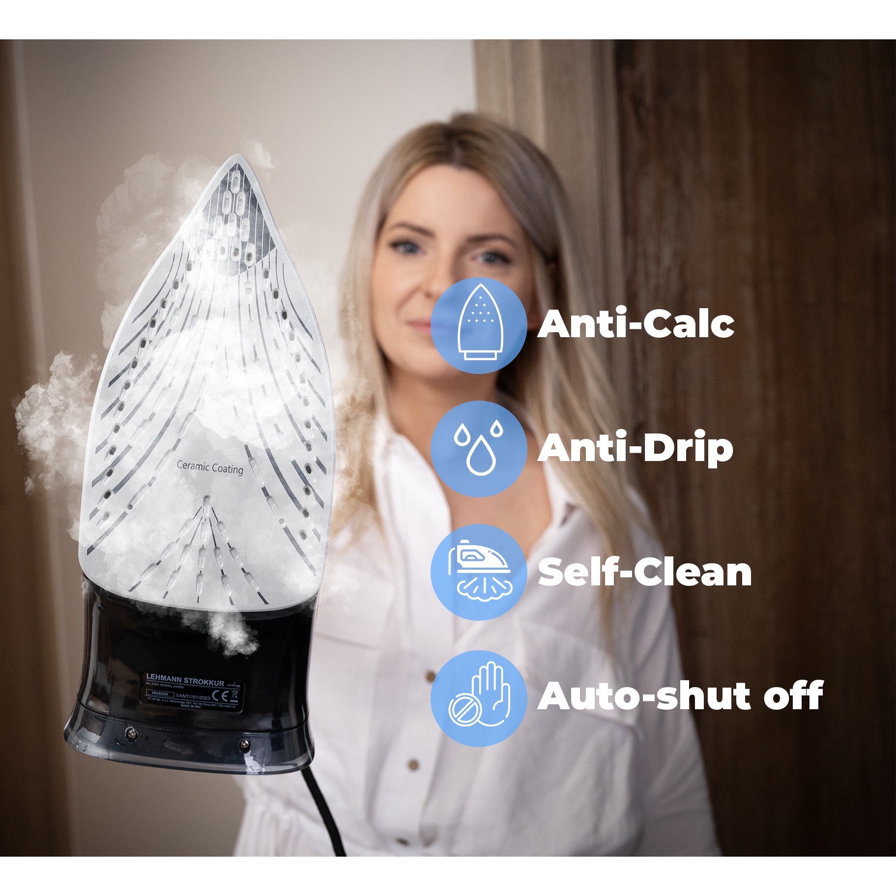 Fier de calcat Lehmann Strokkur, 2200 W, jet de abur 25-35g/min, Anti-Calc/Anti-Drip/Auto-shut off/Self-clean
