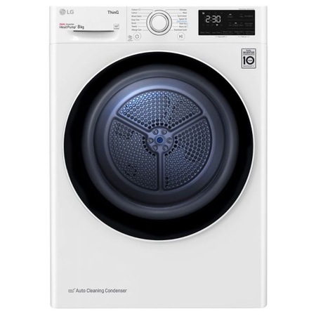 Uscator de rufe LG RH80V3AV6N, Pompa de caldura DUAL Inverter, 8 kg, 14 programe, Clasa A++, Auto-curatare condensator, Eco Hybrid, ThinQ, Alb