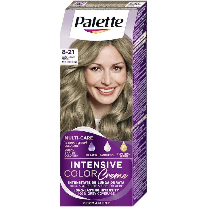 Боя за коса Palette Intensive Color Creme 8-21 Ashy Light Blond, Перманентна, 110 мл