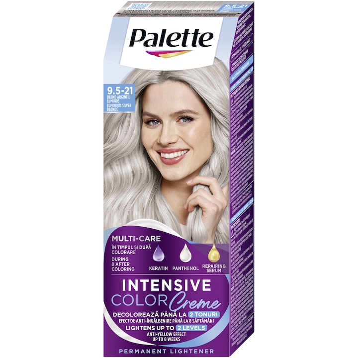 Боя за коса Palette Intensive Color Creme 9.5-21 Luminous Silver Blond, Перманентна, 110 мл