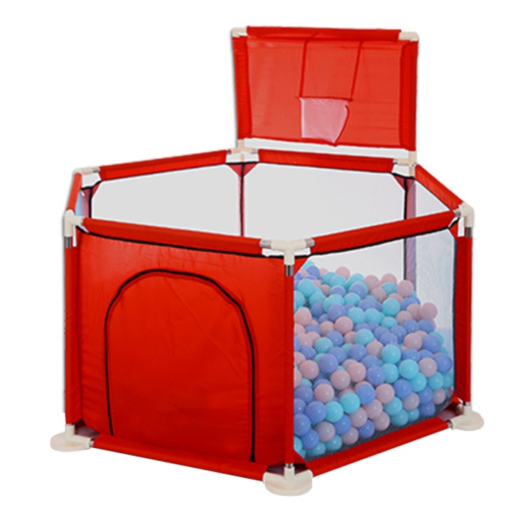 Tarc copii cu cos de baschet si 50 bile colorate, Usa laterala cu fermoar, Rosu, Metal, Protectii de plastic, Interior - Exterior, Loc de joaca
