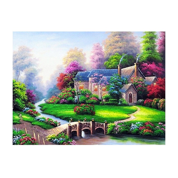 Set de broderie cu diamante 5d, Pictura 30x40 cm, model peisaj casa in padure, ZYD2-3182