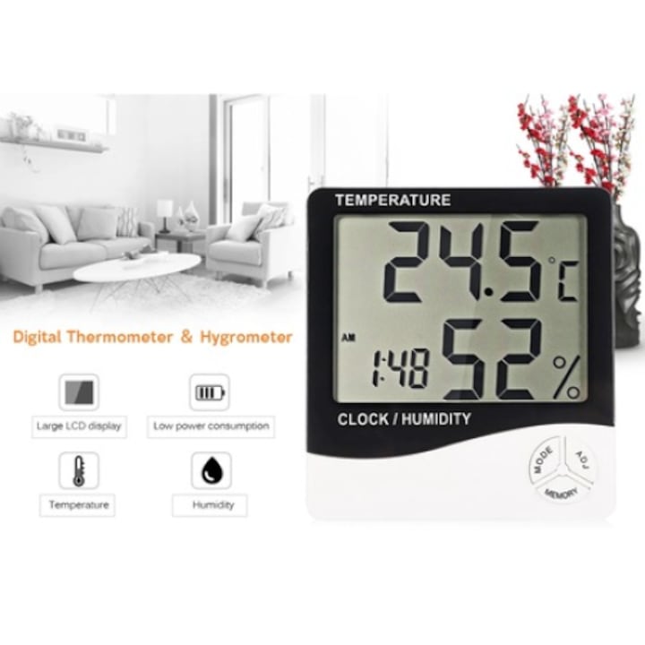 Termometru Meteo profesional cu Higrometru Digital Interior si Exterior, Display LCD, Design Slim, Ceas, Valori Min/Max, SYNO