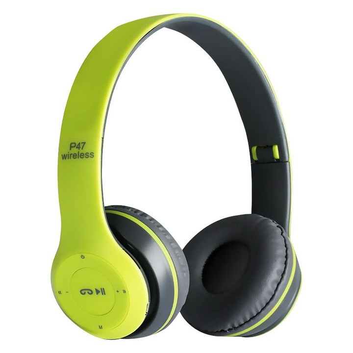 P47 безжични аудио слушалки, bluetooth или 3,5 мм жак връзка, FM радио, Mp3, слот за micro SD / TF карта, зелено / сиво