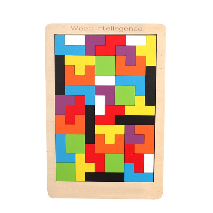 Joc de inteligenta Tetris puzzle, Lemn, 180 x 270 x 6 mm, 3-8 ani, Multicolor