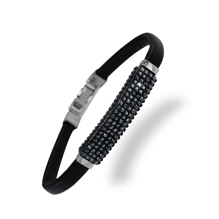 Nemesacél karlánc fekete bőr szíjjal nemesacél betéttel hematit kővekkel