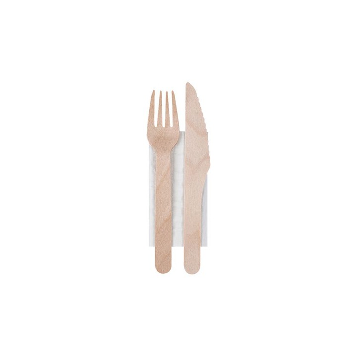 Biológiailag lebomló készlet villa, kés, szalvéta, fa, 16 cm, 100 db