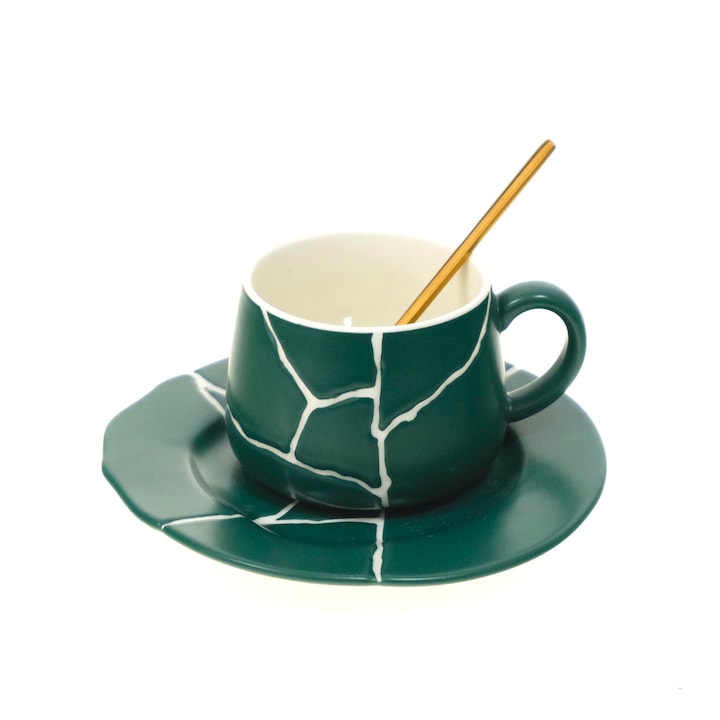 Set cana 6 cm inaltime, diametru 7.5 cm cu farfurie diametru 15 cm si lingurita 13 cm, verde/alb